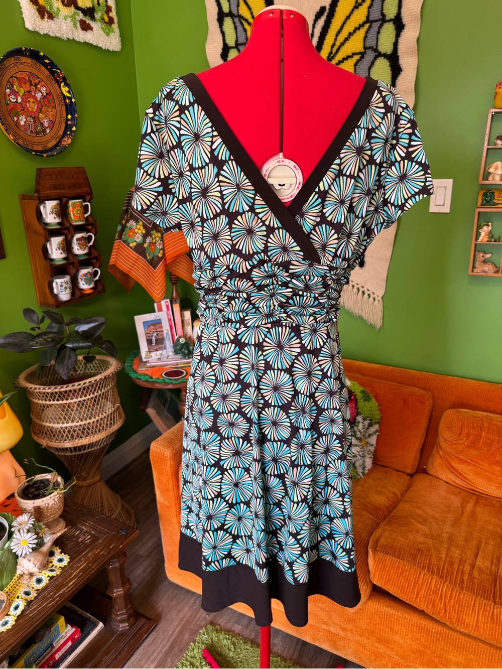 Floral Wrap-Style Dress in Turquoise and Black